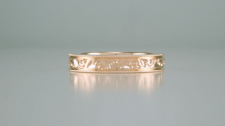 Art Deco Flowers and Leaves Millgrain Edged 4mm Wide Vintage Style 14K Rose Gold Wedding Band - Item: R1160R-4 - Image: 4