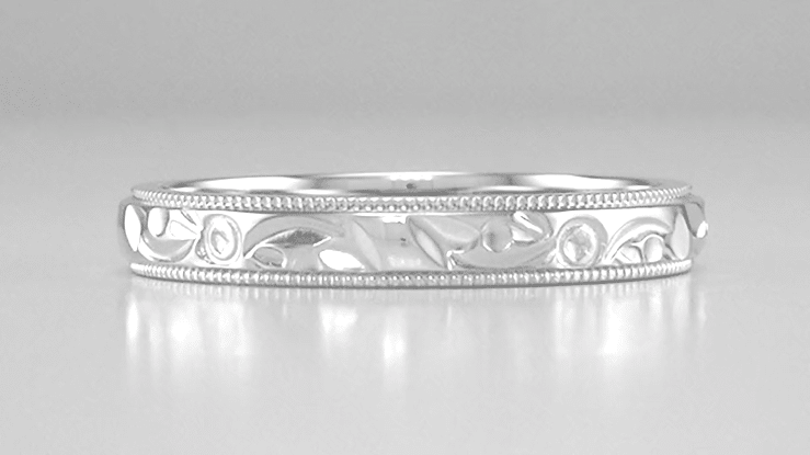 Art Deco Flowers and Leaves Millgrain Edge Engraved Vintage Wedding Band in White Gold 10K 14k or 18K - R625