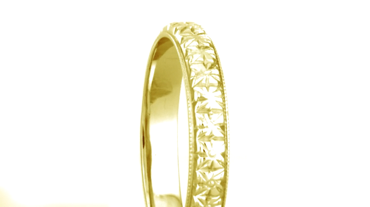 Art Deco Carved Square Flowers Wedding Ring in Yellow Gold - 3.5mm Wide Vintage Reissue Band - Item: R853Y10 - Image: 4