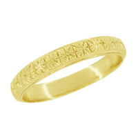 Art Deco Carved Square Flowers Wedding Ring in Yellow Gold - 3.5mm Wide Vintage Reissue Band