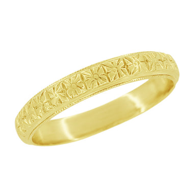 Art Deco Carved Square Flowers Wedding Ring in Yellow Gold - 3.5mm Wide Vintage Reissue Band