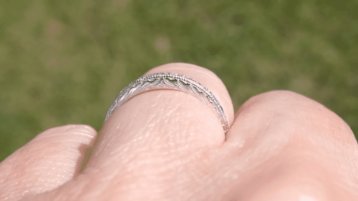 Art Deco Gently Curved Engraved Wheat Diamond Wedding Band in White Gold - Item: R635D-LC - Image: 6