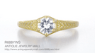 Art Deco Carved Wheat and Scrolls White Sapphire Solitaire Filigree Engraved Engagement Ring in 18K Yellow Gold