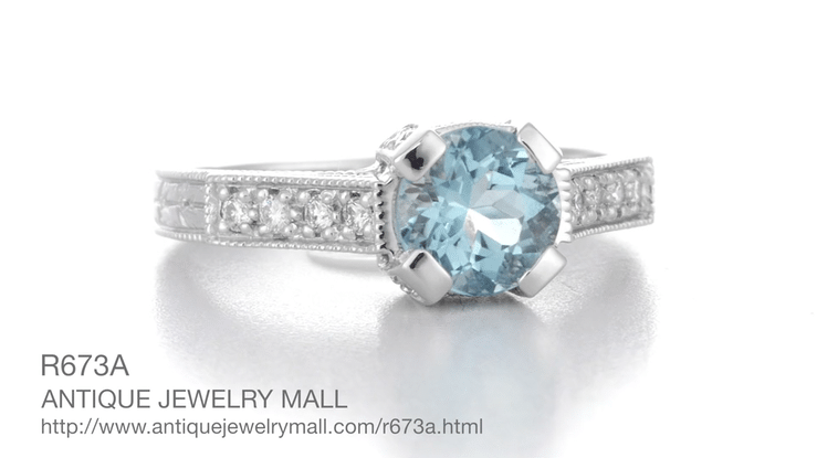 Art Deco Engraved Citadel 1 Carat Aquamarine Engagement Ring in Platinum - Item: R673A - Image: 6