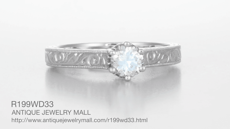 Art Deco Crown Filigree Scrolls Engraved 1/3 Carat Solitaire Diamond Engagement Ring in White Gold - Item: R199WD33K10-LC - Image: 6