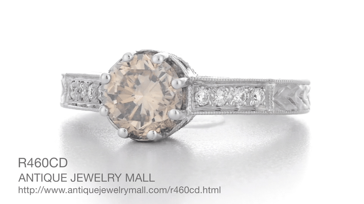 Art Deco Crown 1 Carat Champagne Diamond Engagement Ring in 18 Karat White Gold - Item: R460CD - Image: 7