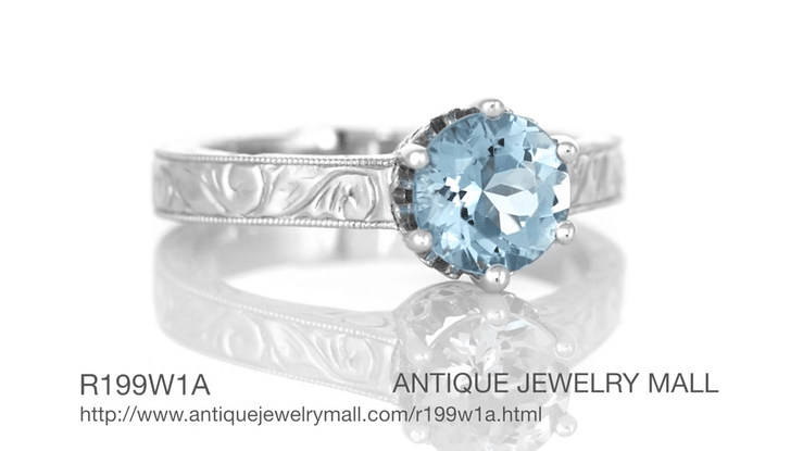 Art Deco Crown Filigree Scrolls 1 Carat Solitaire Aquamarine Engraved Engagement Ring in 18 Karat White Gold - Item: R199W1A - Image: 8