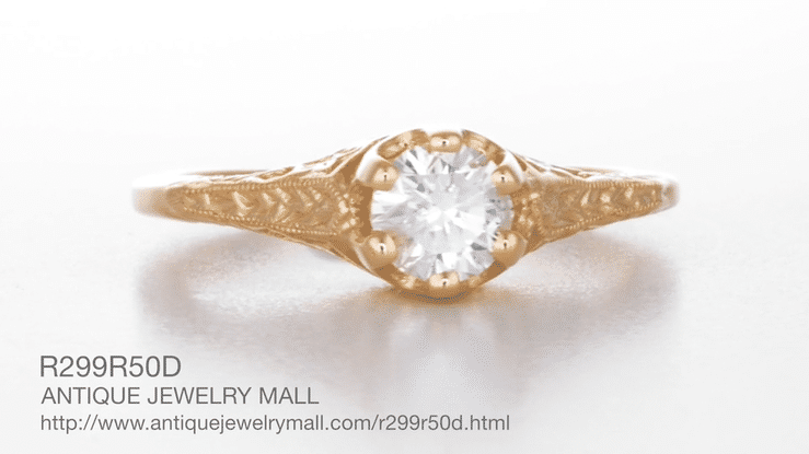 Art Deco Crown of Leaves Vintage Filigree Diamond Solitaire Engagement Ring in 14 Karat Rose Gold - Item: R299R50D-LC - Image: 6