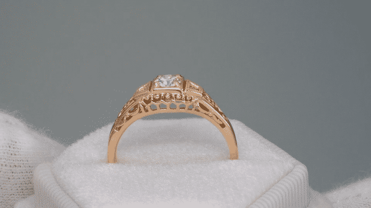 Art Deco Filigree Diamond Engagement Ring in 14 Karat Rose ( Pink ) Gold - Item: R640R - Image: 6