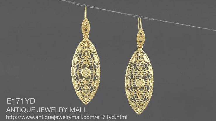 Art Deco Dangling Leaf Sterling Silver Filigree Diamond Earrings with Yellow Gold Vermeil - Item: E171YD - Image: 5