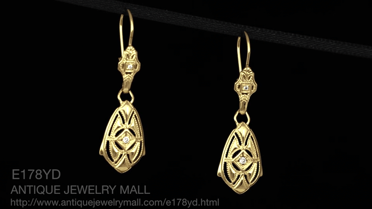 Art Deco Dangling Sterling Silver Diamond Filigree Earrings with Yellow Gold Vermeil - Item: E178YD - Image: 5