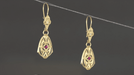 Art Deco Dangling Sterling Silver Ruby and Diamond Filigree Earrings with Yellow Gold Vermeil
