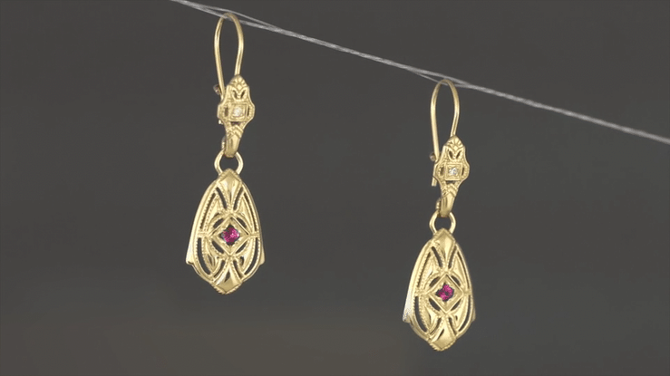 Art Deco Dangling Sterling Silver Ruby and Diamond Filigree Earrings with Yellow Gold Vermeil - Item: E178YR - Image: 5