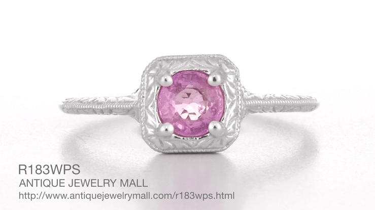 Art Deco Engraved 1920's Square Top Filigree Pink Sapphire Engagement Ring in 14 Karat White Gold - Item: R183WPS - Image: 6