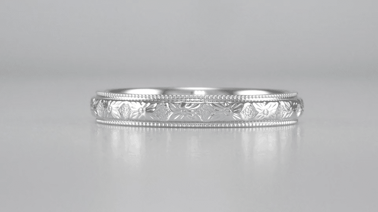 Art Deco Engraved Dogwood Flowers Antique Design Wedding Band in Platinum - Item: R209P - Image: 4