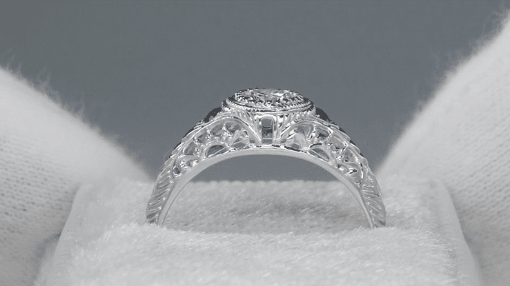 Art Deco Engraved Filigree Diamond Engagement Ring with Side Blue Sapphires in 14 Karat White Gold - Item: R464S - Image: 4