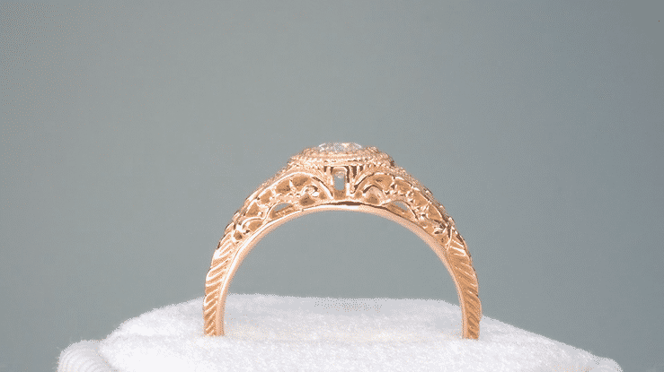 Art Deco Engraved Filigree Bezel Set Diamond Engagement Ring in 14 Karat Rose ( Pink ) Gold - Item: R464R-LC - Image: 6