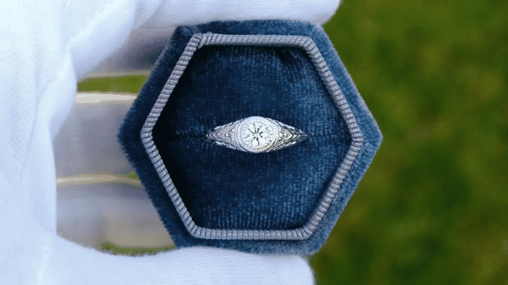 Art Deco Engraved Filigree Diamond Low Profile Engagement Ring in White Gold - 14K or 18K - Item: R464-LC - Image: 6