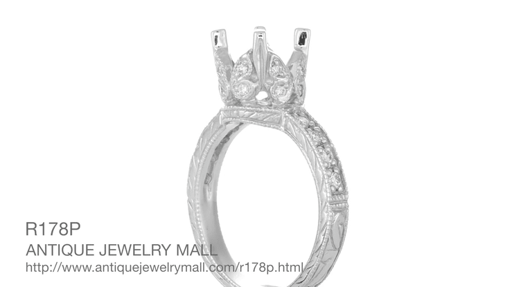 Art Deco Engraved Filigree Loving Butterflies Engagement Ring Setting in Platinum for a 1 Carat Diamond - Item: R178P - Image: 8