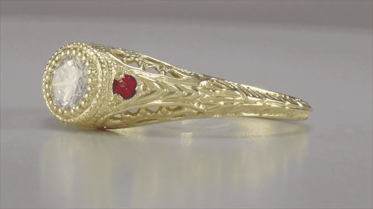 Art Deco Engraved Filigree Diamond Engagement Ring with Side Rubies in Yellow Gold - Item: R464YR - Image: 4