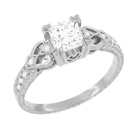 Art Deco Platinum Loving Hearts 1 Carat Square Princess Cut Diamond Engraved Engagement Ring