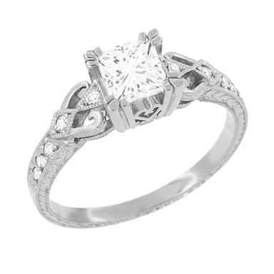 Art Deco Platinum Loving Hearts 1 Carat Square Princess Cut Diamond Engraved Engagement Ring