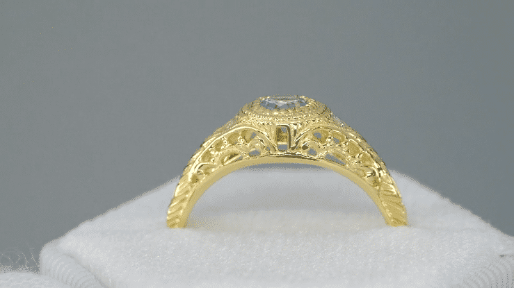 Art Deco Engraved Filigree Yellow Gold Aquamarine and Diamond Engagement Ring - Item: R138YA14 - Image: 5