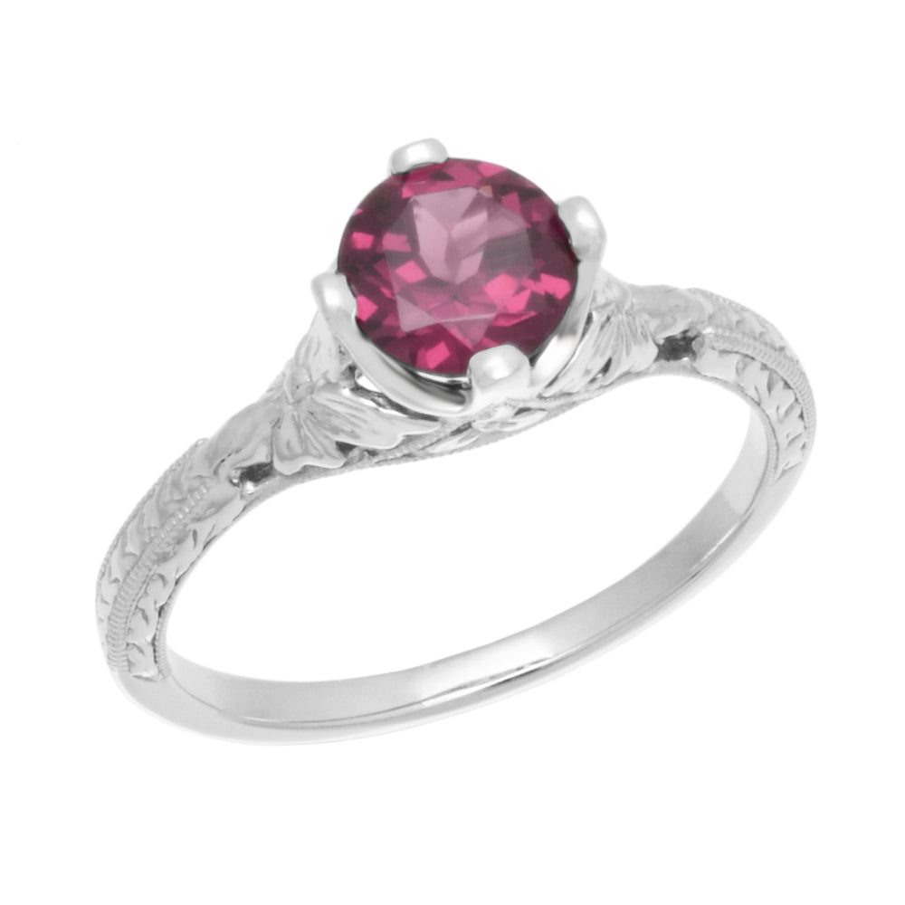 Art Deco Floral Filigree Vintage Engraved 1.25 Carat Rhodolite Garnet Engagement Ring in 14K White Gold