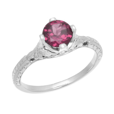 Art Deco Floral Filigree Vintage Engraved 1.25 Carat Rhodolite Garnet Engagement Ring in 14K White Gold