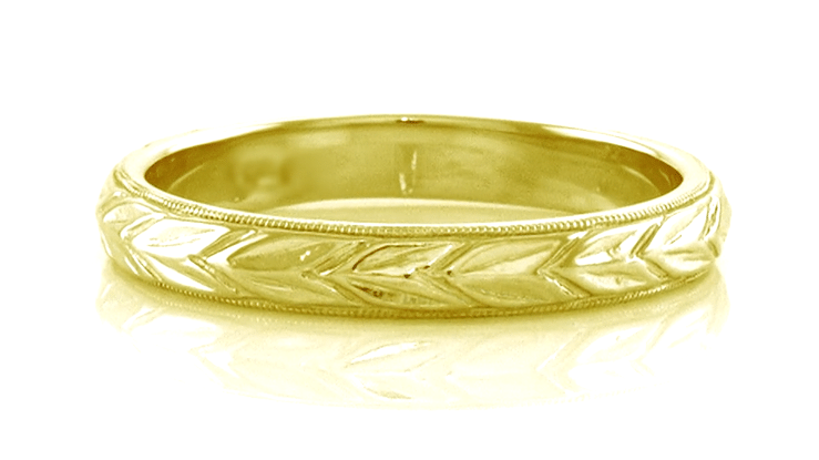 Art Deco Carved Maile Leaves Antique Style Wedding Ring in Yellow Gold - Item: R819Y10 - Image: 4