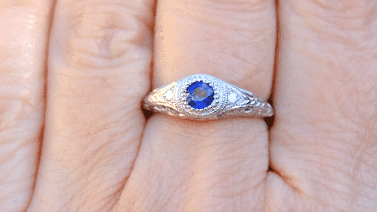 Art Deco Engraved Sapphire and Diamond Filigree Vintage Design Platinum Engagement Ring - Item: R138P - Image: 6