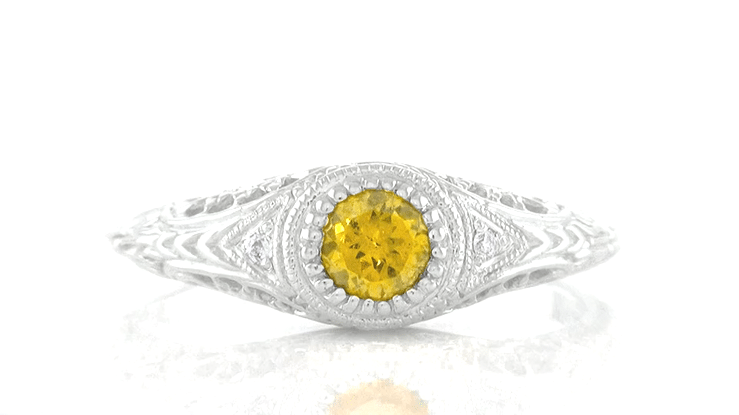 Art Deco Engraved Platinum Yellow Sapphire and Diamond Filigree Engagement Ring - Item: R138PYES - Image: 6