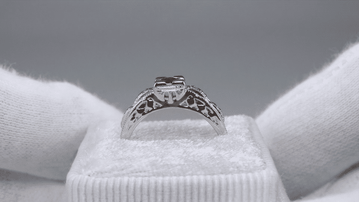 Art Deco Engraved Ruby Engagement Ring in Platinum - Low Profile Vintage Design - Item: R160PR - Image: 7