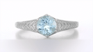 Art Deco Engraved Scrolls and Wheat Aquamarine Solitaire Engagement Ring in 18 Karat White Gold | 1920's Vintage Design
