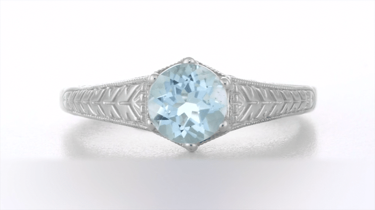 Art Deco Engraved Scrolls and Wheat Aquamarine Solitaire Engagement Ring in 18 Karat White Gold | 1920's Vintage Design - Item: R688WA-14 - Image: 4
