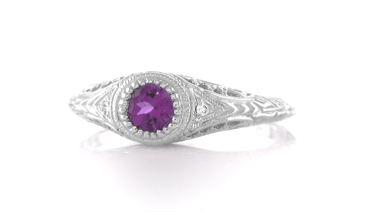 Art Deco Engraved Amethyst and Diamond Filigree Engagement Ring in White Gold - 14K or 18K - Item: R138AM - Image: 6
