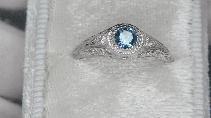 Art Deco Engraved Aquamarine and Diamond Filigree Engagement Ring in White Gold - Item: R138W18A-6 - Image: 6
