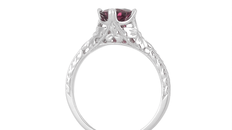 Art Deco Floral Filigree Vintage Engraved 1.25 Carat Rhodolite Garnet Engagement Ring in 14K White Gold - Item: R356W50RG - Image: 5