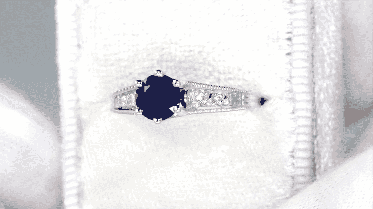 Art Deco Filigree Blue Sapphire Engagement Ring in 14 Karat White Gold with Diamond Side Stones - Item: R158 - Image: 8