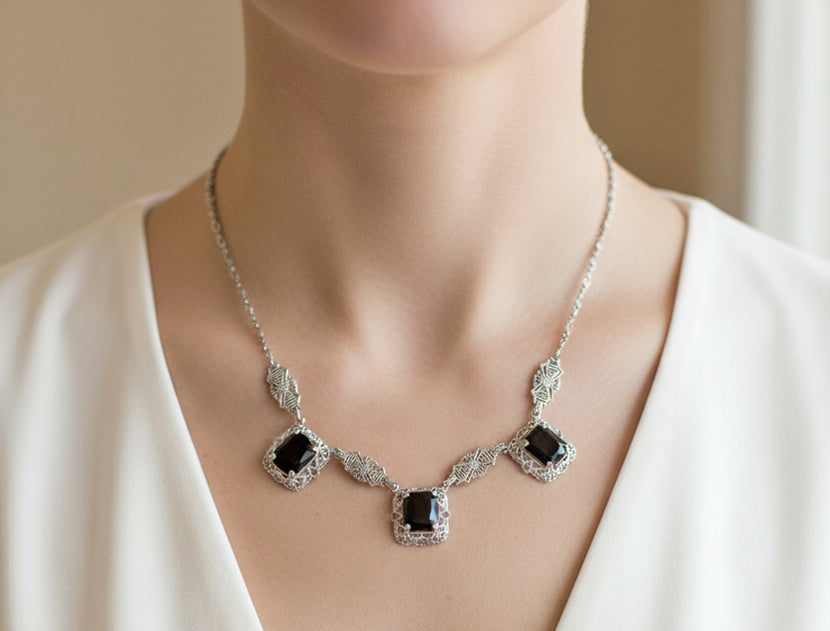 Art Deco Filigree Black Onyx 3 Drop Necklace in Sterling Silver - Item: N140on - Image: 3