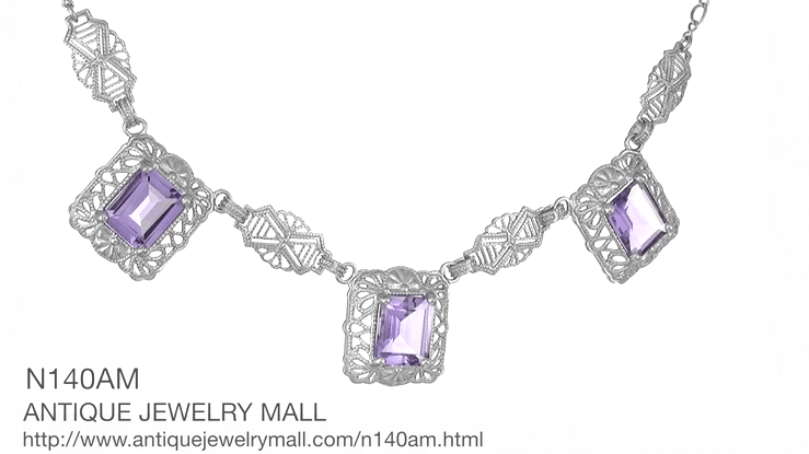 Art Deco Filigree Amethyst 3 Drop Necklace in Sterling Silver - Item: N140AM - Image: 6