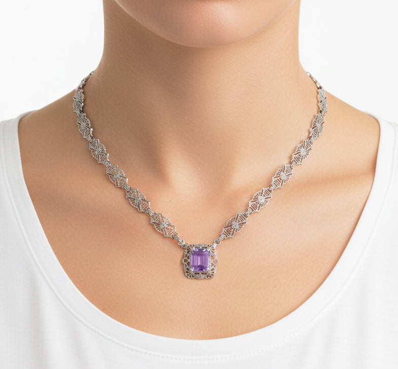 Art Deco Filigree Amethyst Drop Pendant Necklace in Sterling Silver - Item: N135AM - Image: 4