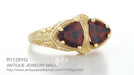 Art Deco Filigree Trillion Almandine Garnet Loving Duo Ring in 14K Yellow Gold