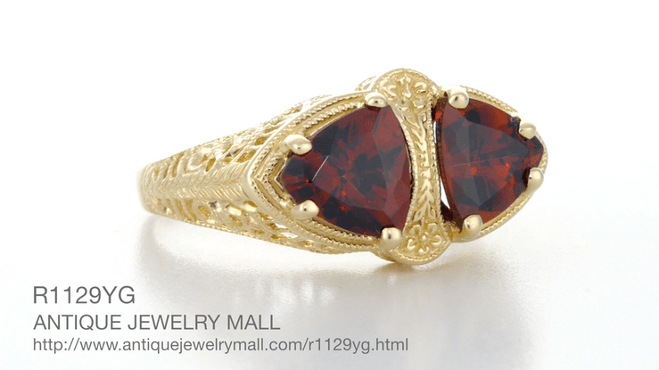 Art Deco Filigree Trillion Almandine Garnet Loving Duo Ring in 14K Yellow Gold - Item: R1129YG - Image: 7