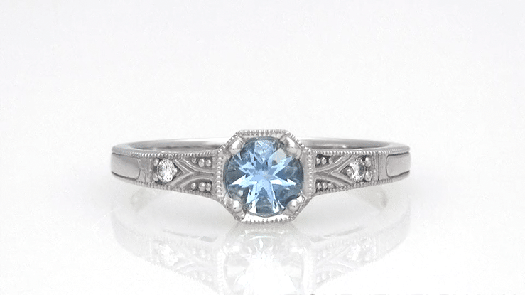 Art Deco Filigree Aquamarine and Diamond Engagement Ring in Platinum - Item: R298PA - Image: 6