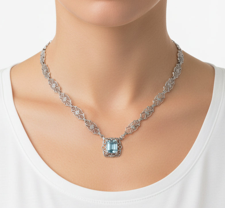 Art Deco Filigree Blue Topaz Drop Pendant Necklace in Sterling Silver - Item: N135 - Image: 4