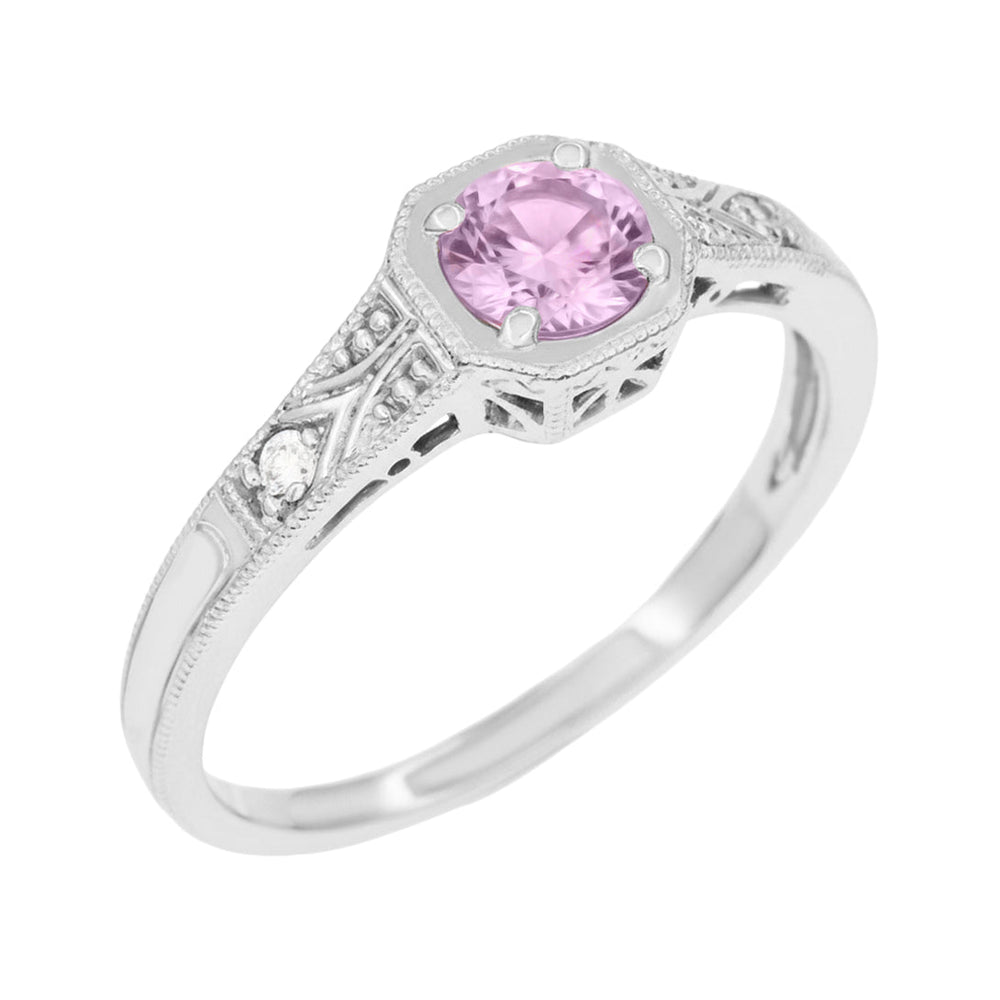 Art Deco Filigree Pink Sapphire and Diamond Engagement Ring in Platinum - Item: R298PPS - Image: 3