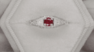 Art Deco Filigree Ruby Promise Ring in Sterling Silver with Diamond Side Stones