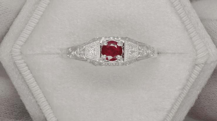 Art Deco Filigree Ruby Promise Ring in Sterling Silver with Diamond Side Stones - Item: SSR228R - Image: 4
