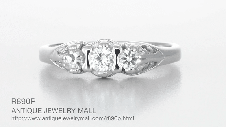 Art Deco Filigree Antique Style 3 Stone Diamond Ring in Platinum - Item: R890P-LC - Image: 6